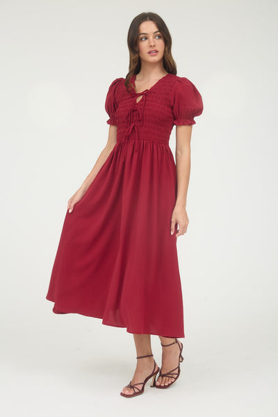 fleeting moments front tie smocked midi dress | deep red