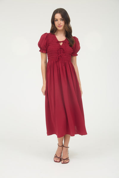 fleeting moments front tie smocked midi dress | deep red