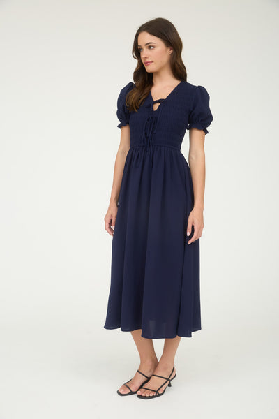fleeting moments front tie smocked midi dress | navy