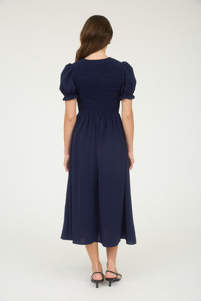 fleeting moments front tie smocked midi dress | navy