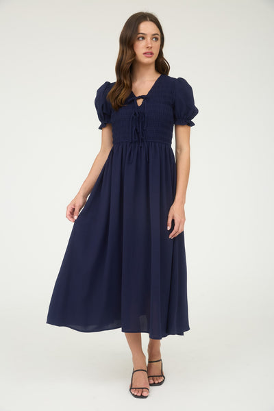 fleeting moments front tie smocked midi dress | navy