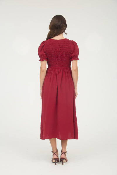 fleeting moments front tie smocked midi dress | deep red