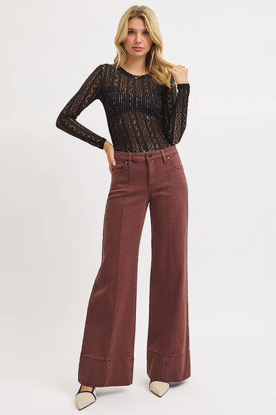 perry tummy control mid rise wide leg jeans | choco brown