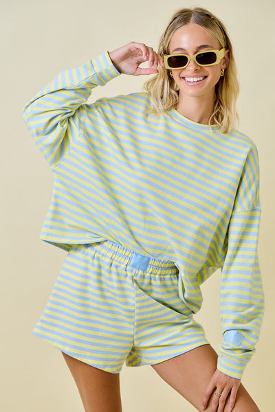 my way of life striped terry lounge set | blue + lemon