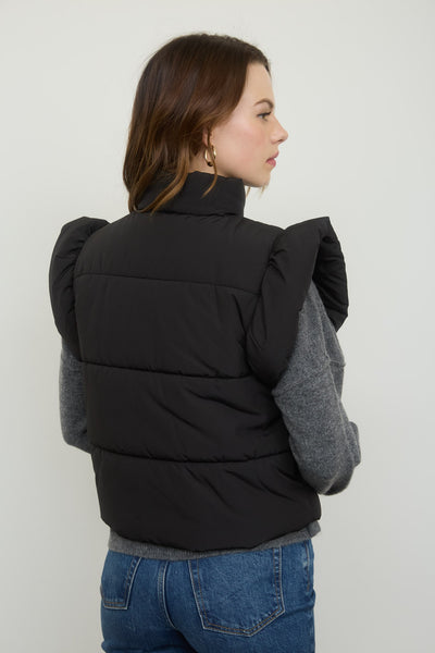 playful pop flutter sleeve bow detail puffer vest | black