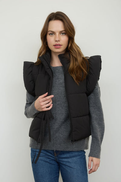 playful pop flutter sleeve bow detail puffer vest | black