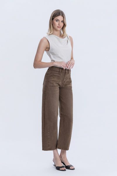 michaela high rise front pocket barrel jeans | coffee