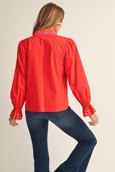 in her moment color block ruffle detail top | red