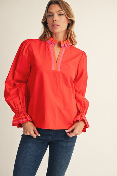 in her moment color block ruffle detail top | red