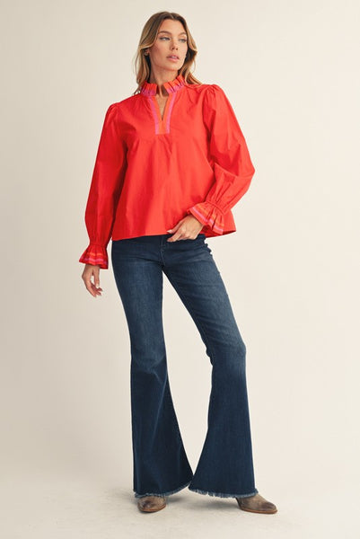 in her moment color block ruffle detail top | red