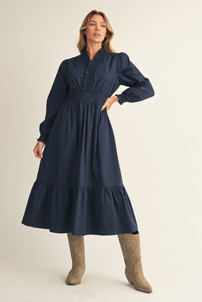 left an impression ruffle surplice midi dress | navy