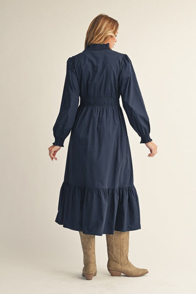 left an impression ruffle surplice midi dress | navy