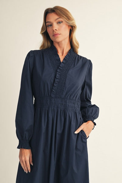 left an impression ruffle surplice midi dress | navy