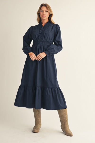 left an impression ruffle surplice midi dress | navy