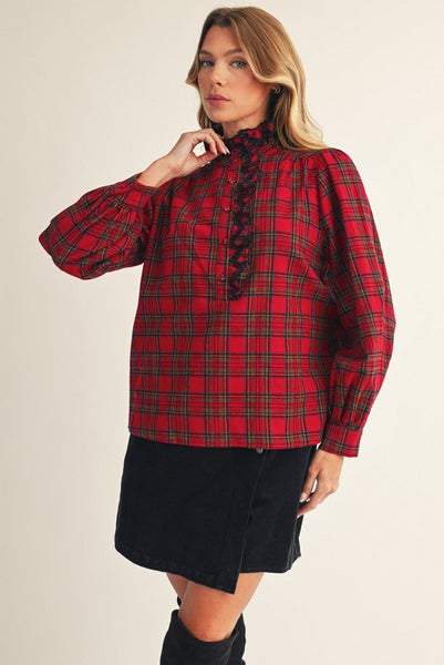 all roads lead home ruffle detail plaid top | red
