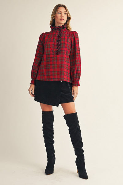 all roads lead home ruffle detail plaid top | red