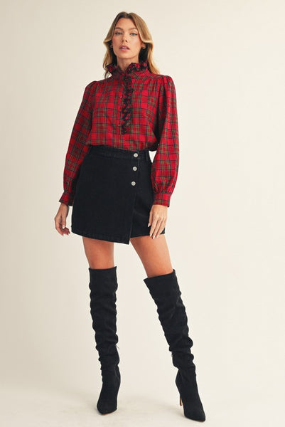 all roads lead home ruffle detail plaid top | red