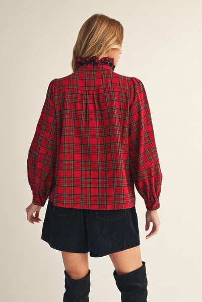 all roads lead home ruffle detail plaid top | red