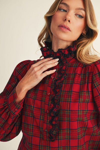 all roads lead home ruffle detail plaid top | red