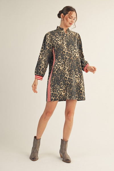 a touch of sass contrast stripe denim dress | leopard