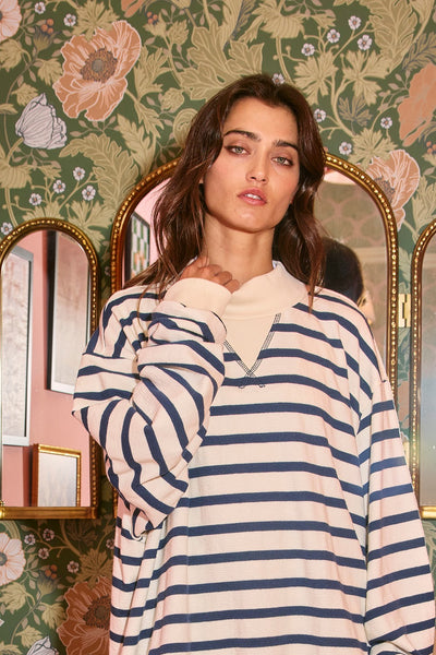 stepping things up striped mock neck top | navy + cream