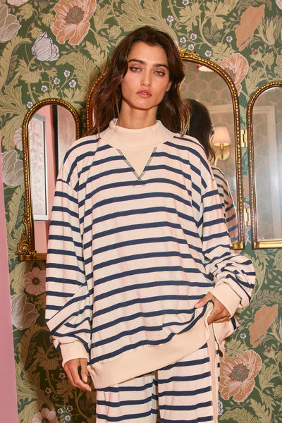 stepping things up striped mock neck top | navy + cream