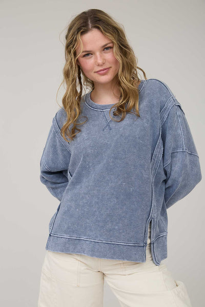 welcome back washed exposed seam pullover | denim