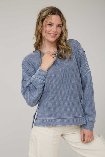 welcome back washed exposed seam pullover | denim