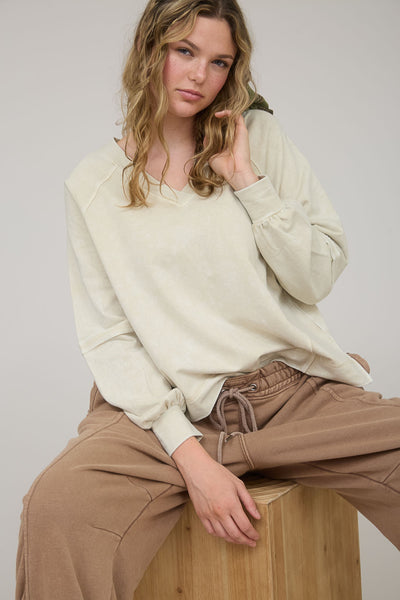 feeling my best washed exposed seam knit top | oatmeal