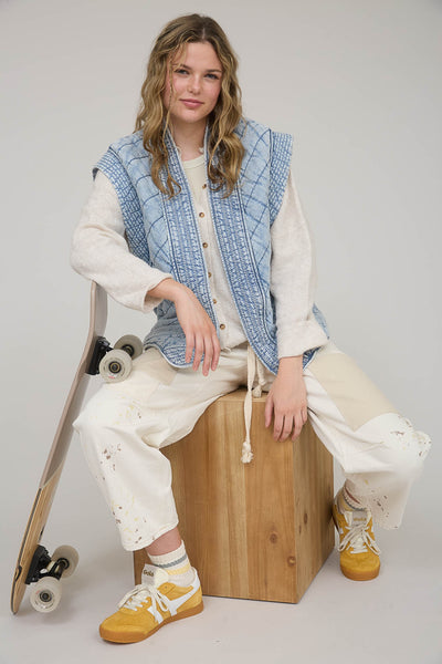 set for the day washed quilted vest | denim
