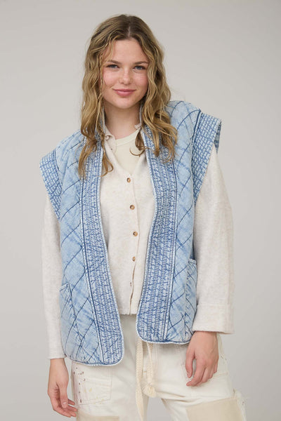 set for the day washed quilted vest | denim