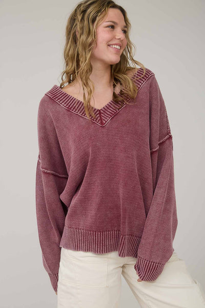 live freely washed oversized knit pullover | burgundy