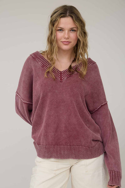 live freely washed oversized knit pullover | burgundy