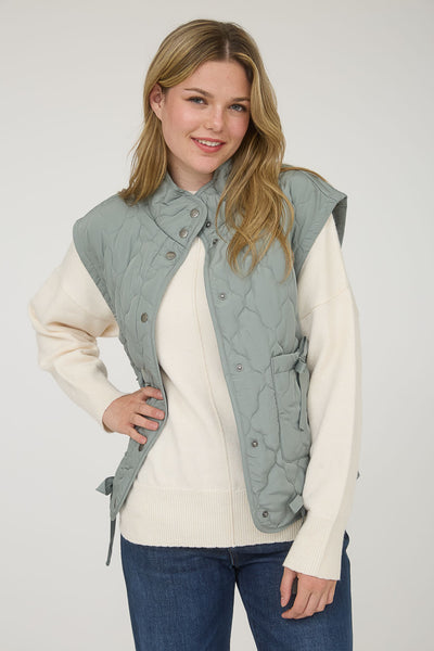 into the groove tie detail quilted puffer vest | dusty sage