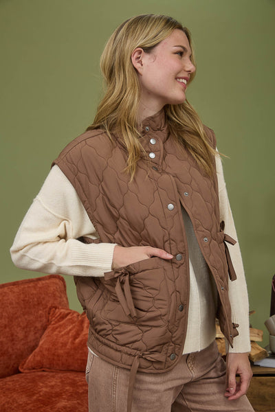 into the groove tie detail quilted puffer vest | brown