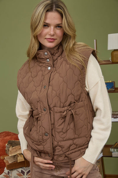 into the groove tie detail quilted puffer vest | brown