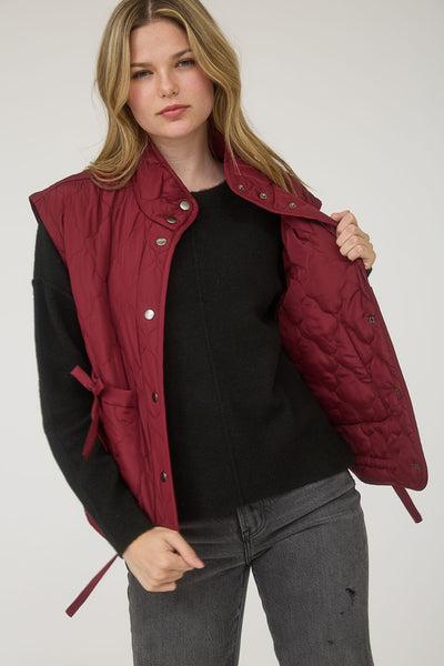 into the groove tie detail quilted puffer vest | burgundy