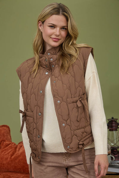 into the groove tie detail quilted puffer vest | brown