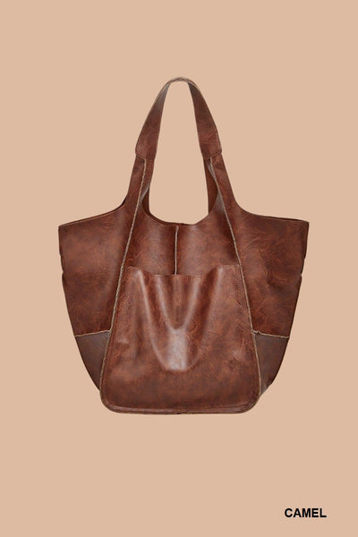 oversized soft vegan leather tote bag | camel