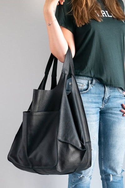 oversized soft vegan leather tote bag | black