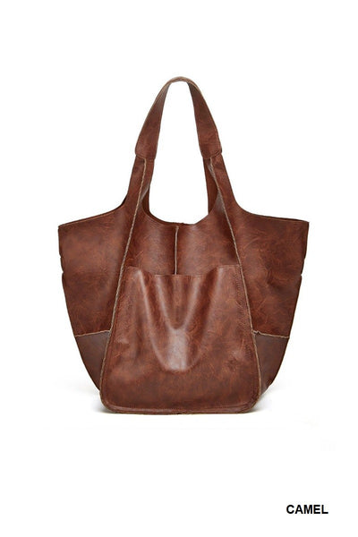 oversized soft vegan leather tote bag | camel