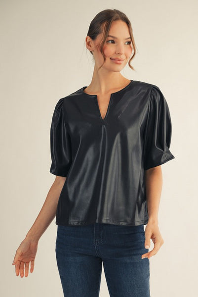 share your story pintuck sleeve faux leather top | black