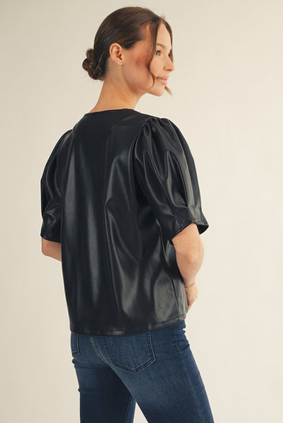 share your story pintuck sleeve faux leather top | black