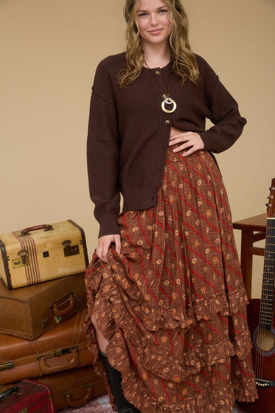 more to come exposed seam button down cardigan | chocolate