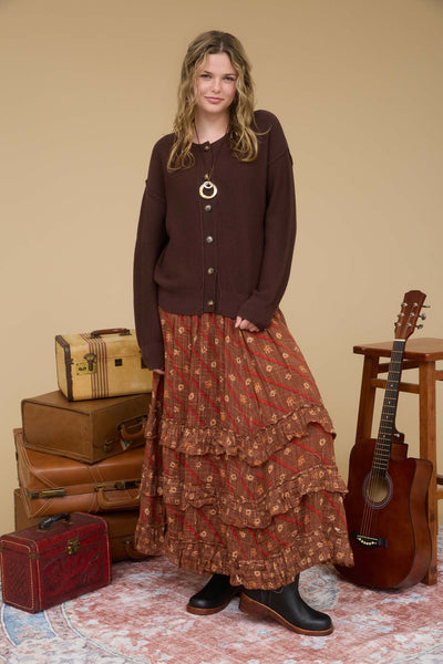 more to come exposed seam button down cardigan | chocolate