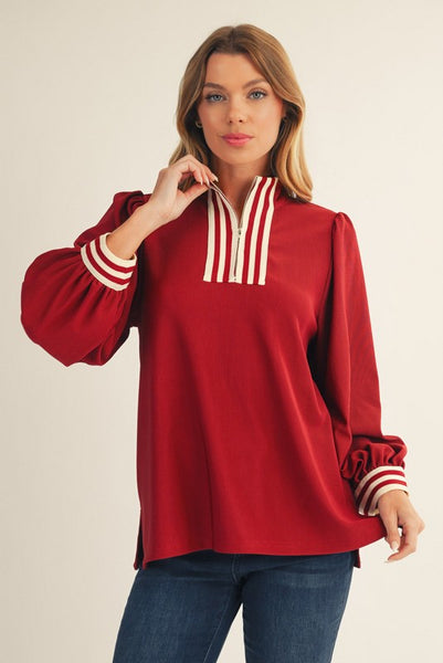 come along ribbon trim quarter zip pullover | burgundy