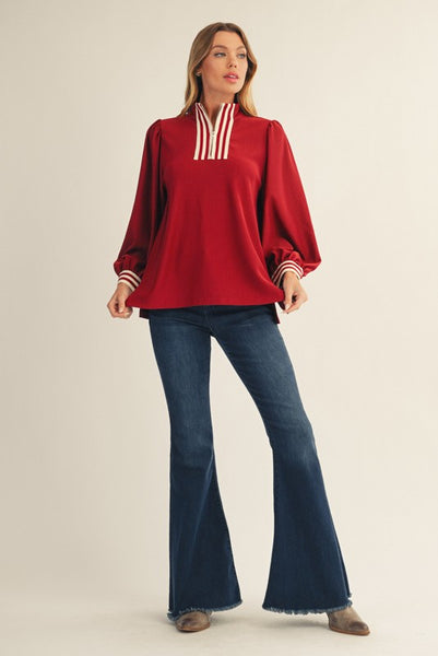 come along ribbon trim quarter zip pullover | burgundy