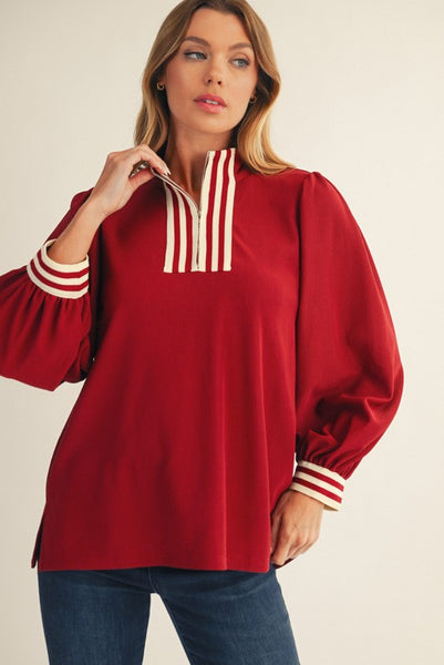 come along ribbon trim quarter zip pullover | burgundy