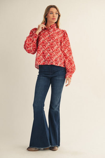 life in a flash ruffle detail floral top | red