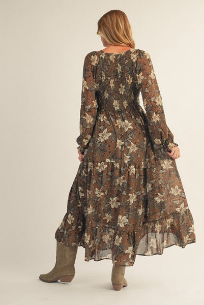 too good to miss smocked floral midi dress | mocha mousse